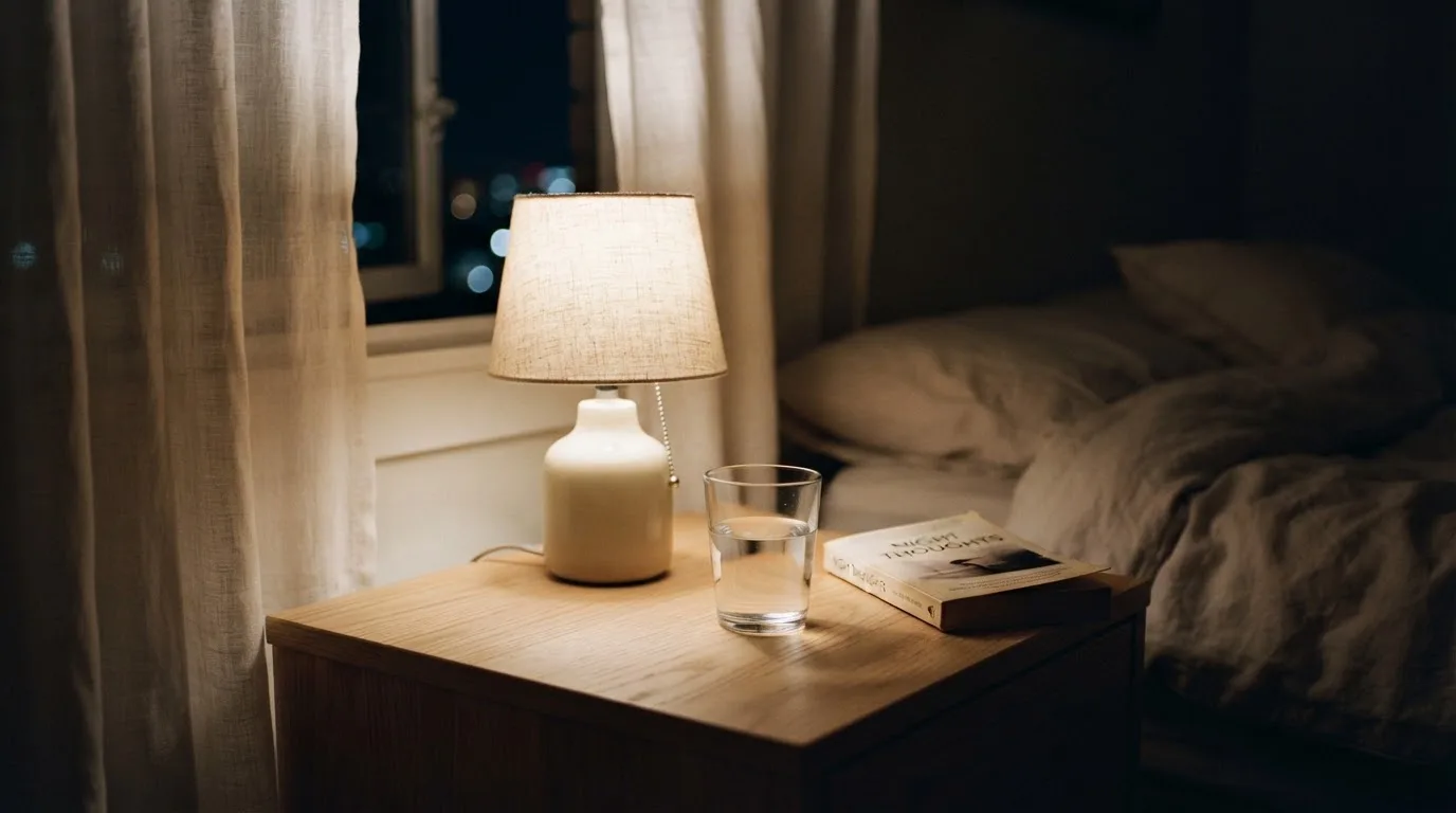 Szklanka wody i zgaszona lampka na nocnym stoliku w półmroku sypialni, firanka poruszana wiatrem.